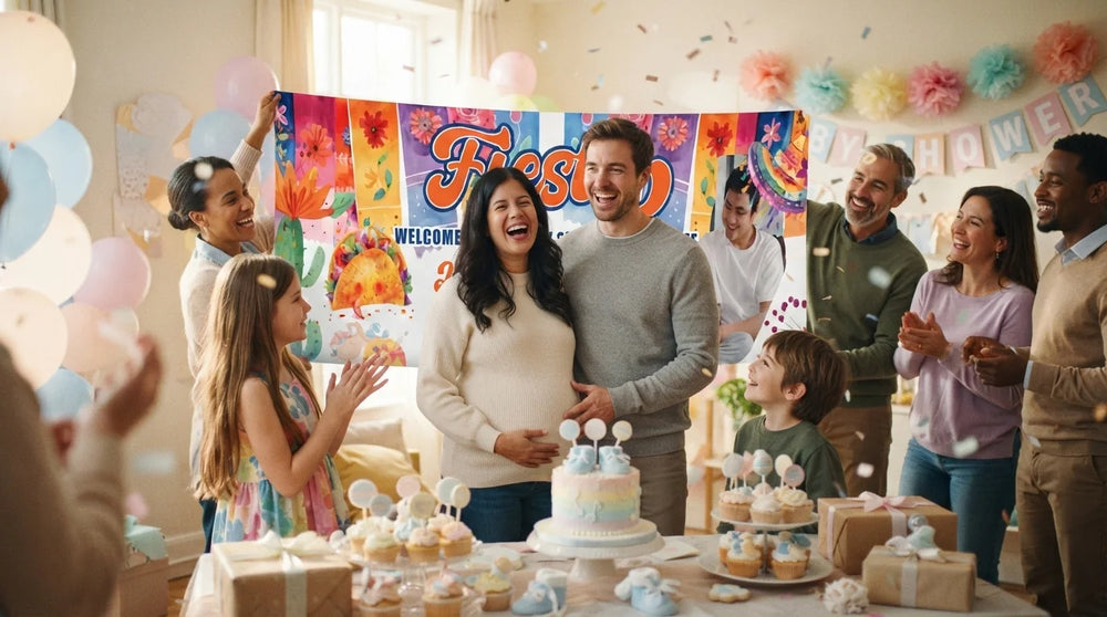 Friends and family celebrating with the personalised Mexican Fiesta Baby Shower Banner
