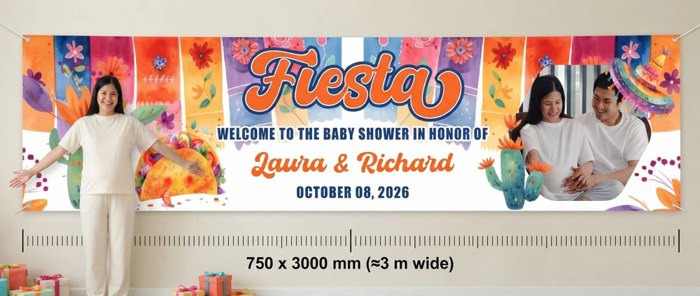 Person standing beside the Mexican Fiesta Baby Shower Banner for scale, with size guide showing 750 x 3000 mm