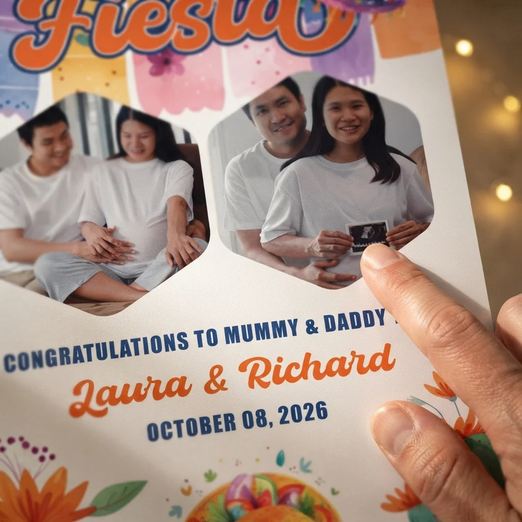 Close-up of the personalised name and photo printed on the Mexican Fiesta Baby Shower Mega Card