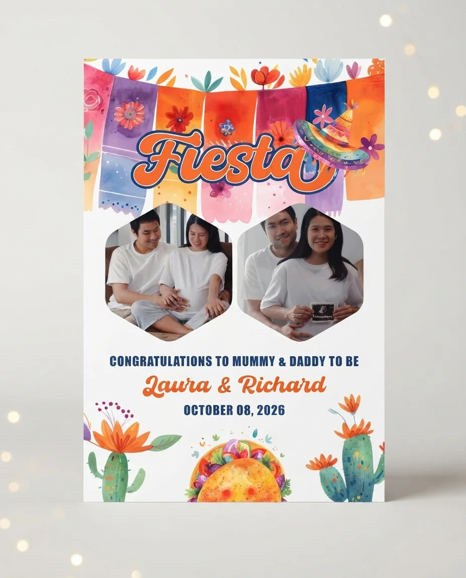 Personalised Mexican Fiesta Baby Shower Mega Card displayed against a plain studio background