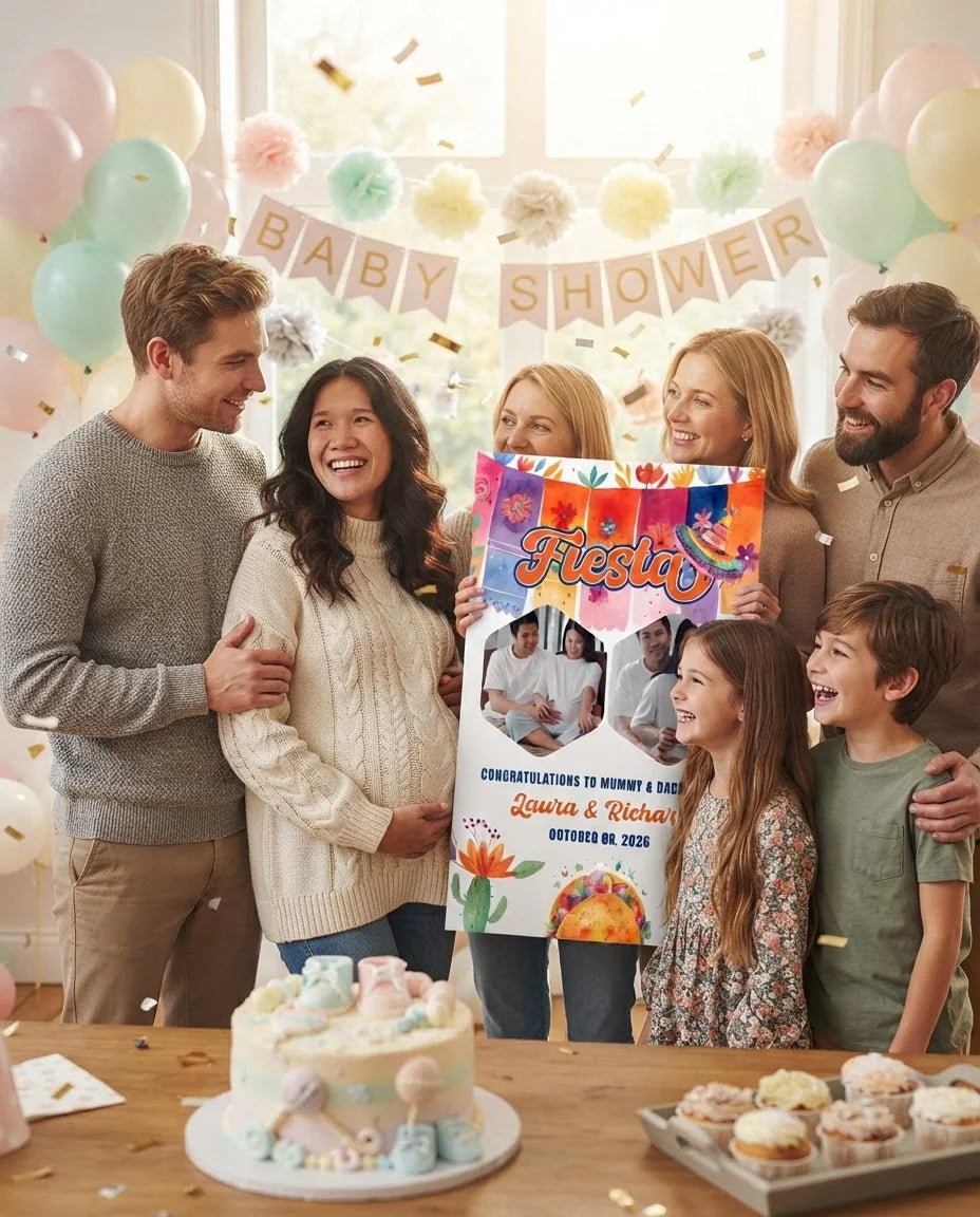 Friends and family celebrating with the personalised Mexican Fiesta Baby Shower Mega Card