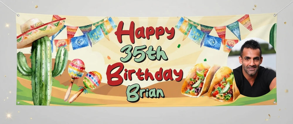 Personalised Mexican Fiesta Birthday Party Banner displayed against a plain studio background