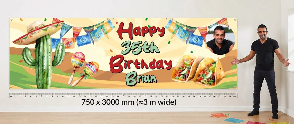 Person standing beside the Mexican Fiesta Birthday Party Banner for scale, with size guide showing 750 x 3000 mm