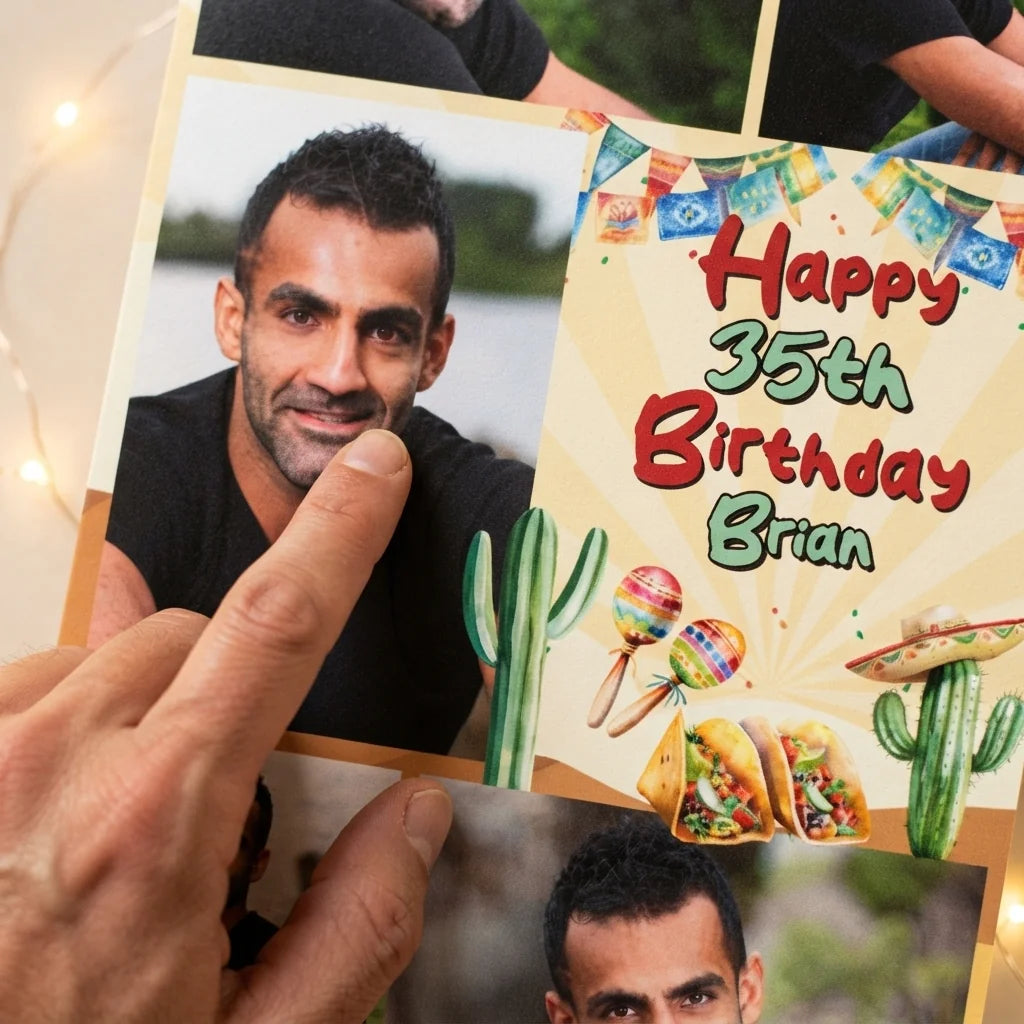 Close-up of the personalised name and photo printed on the Mexican Fiesta Birthday Party Mega Card