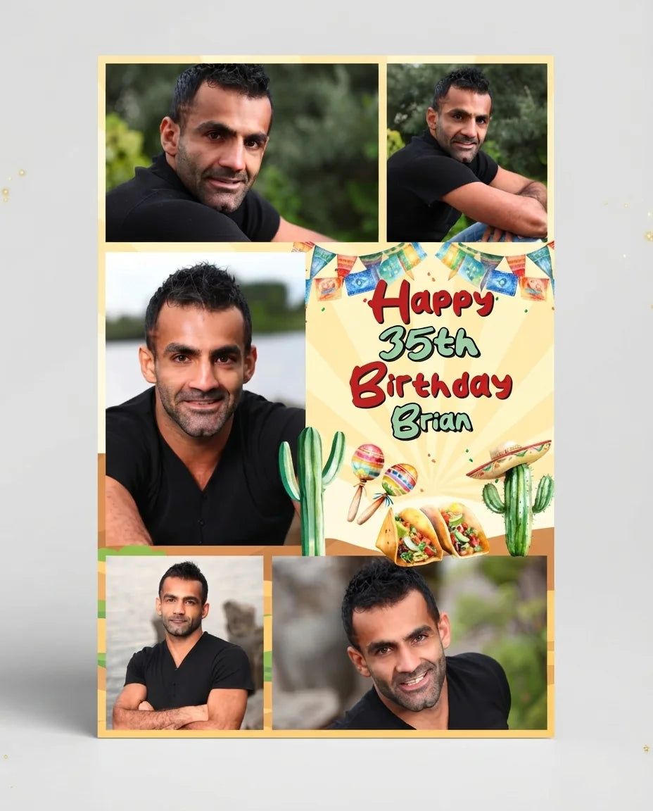 Personalised Mexican Fiesta Birthday Party Mega Card displayed against a plain studio background