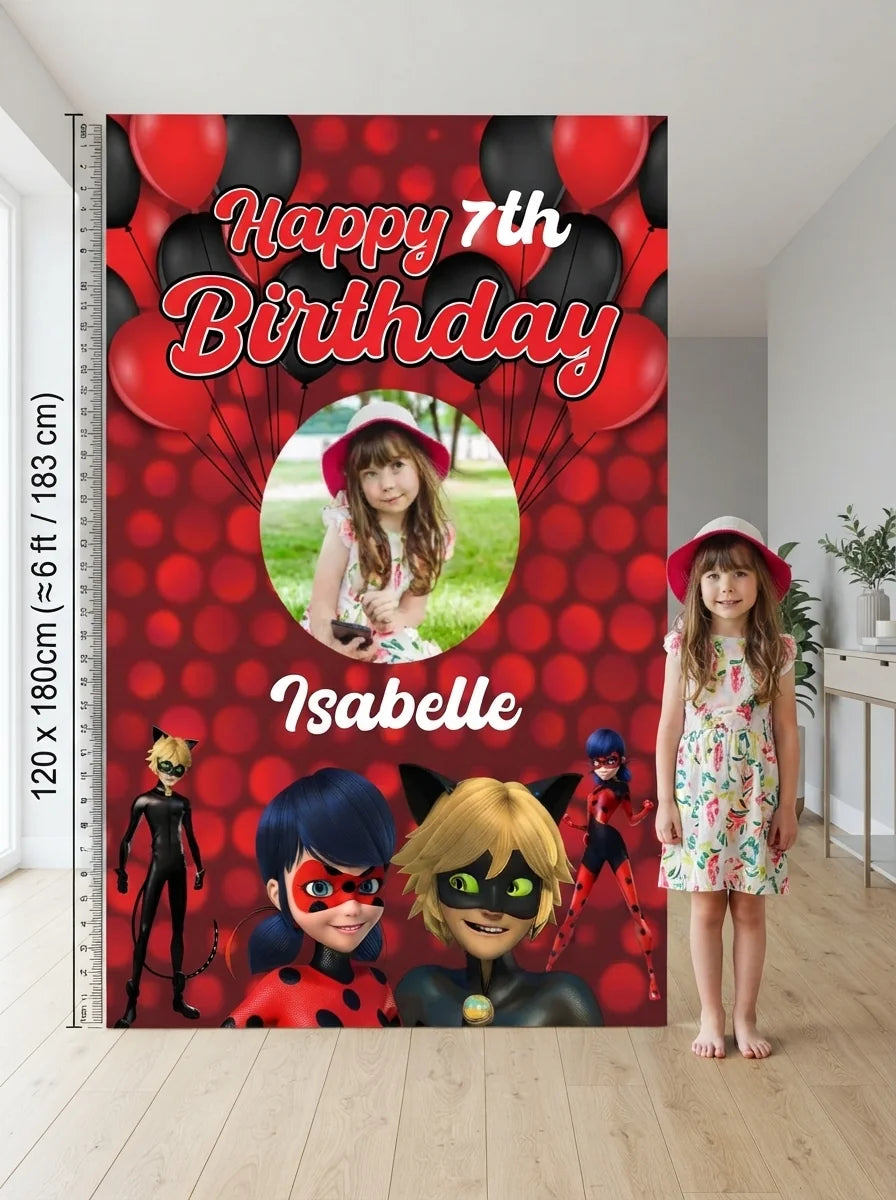 Person standing beside the Miraculous Mega Card for scale in a size guide