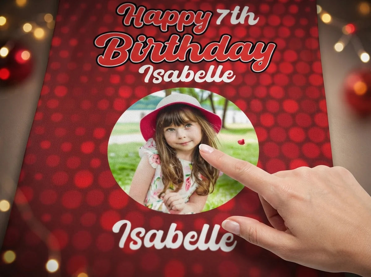 Close-up of the personalised name and photo printed on the Miraculous Tales of Ladybug and Cat Noir Birthday Banner