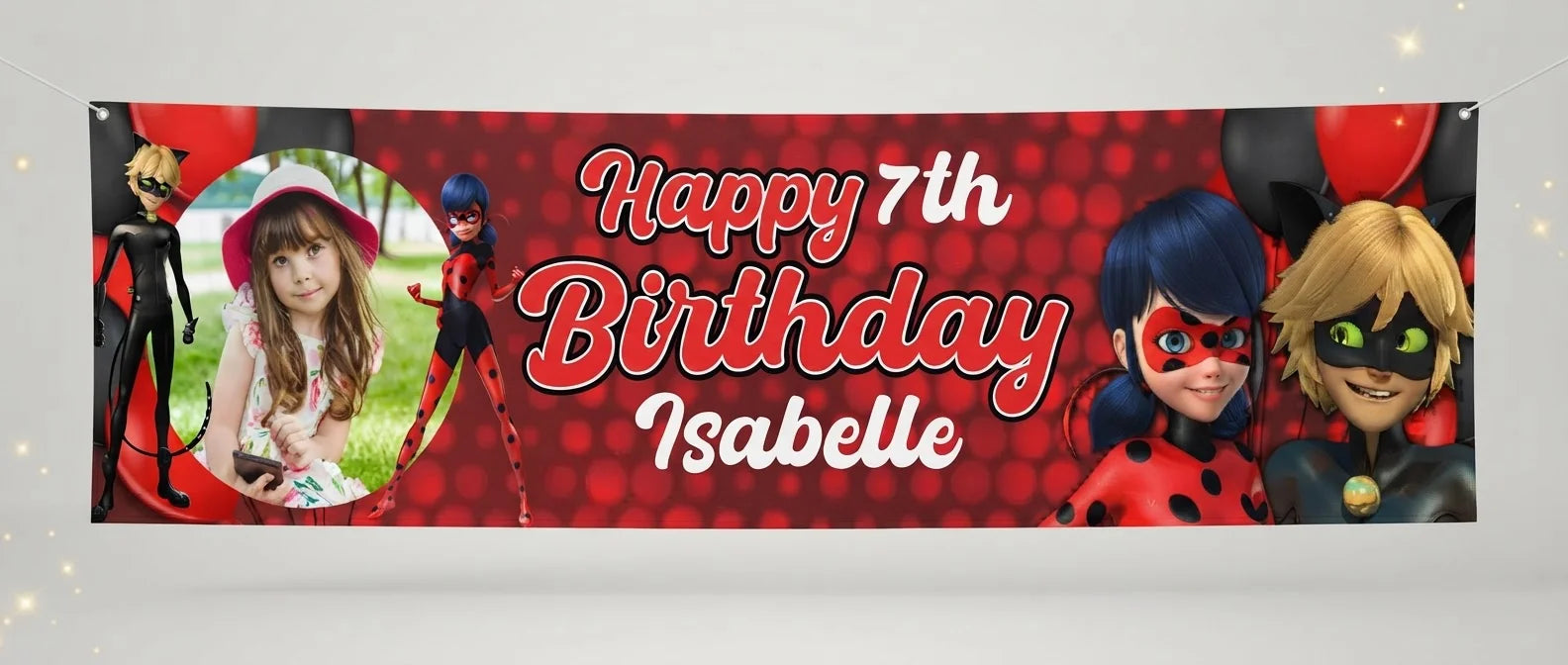 Personalised Miraculous Tales of Ladybug and Cat Noir Birthday Banner displayed against a plain studio background