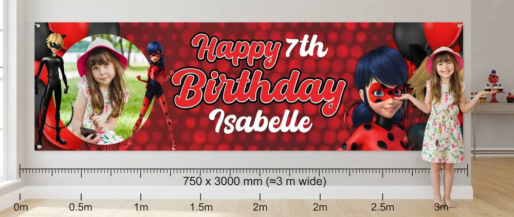 Person standing beside the Miraculous Tales of Ladybug and Cat Noir Birthday Banner for scale, with size guide showing 750 x 3000 mm