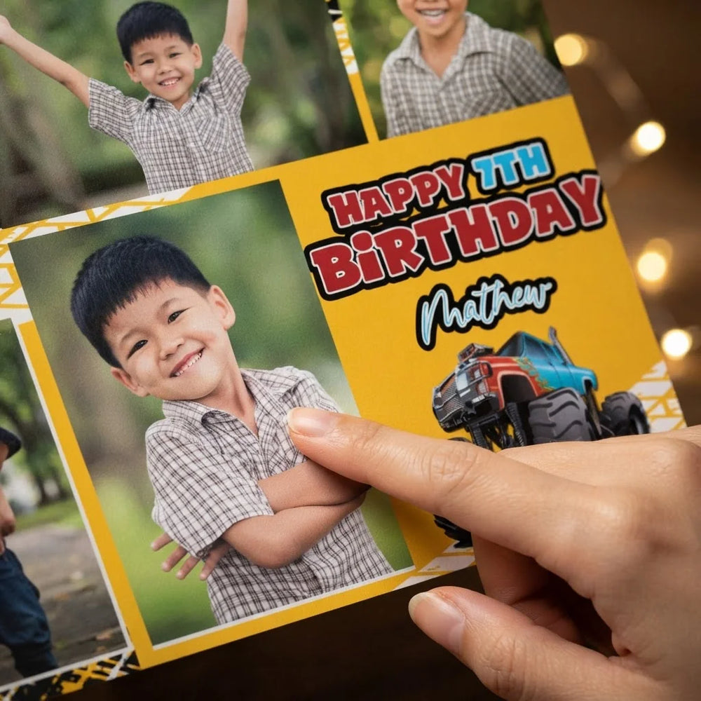 Close-up of the personalised name and photo printed on the Monster Truck Mega Card