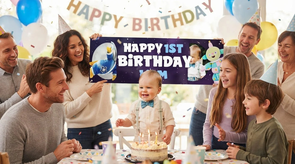 Friends and family celebrating with the personalised Moon Baby Birthday Banner