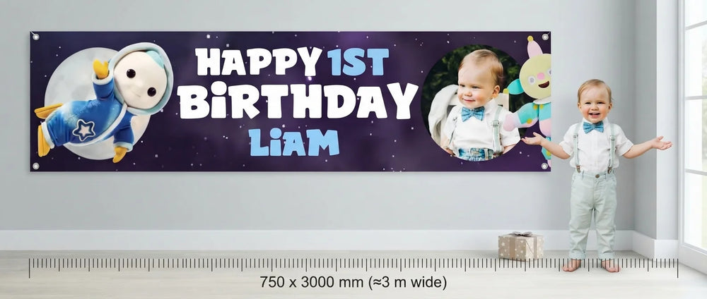 Person standing beside the Moon Baby Birthday Banner for scale, with size guide showing 750 x 3000 mm