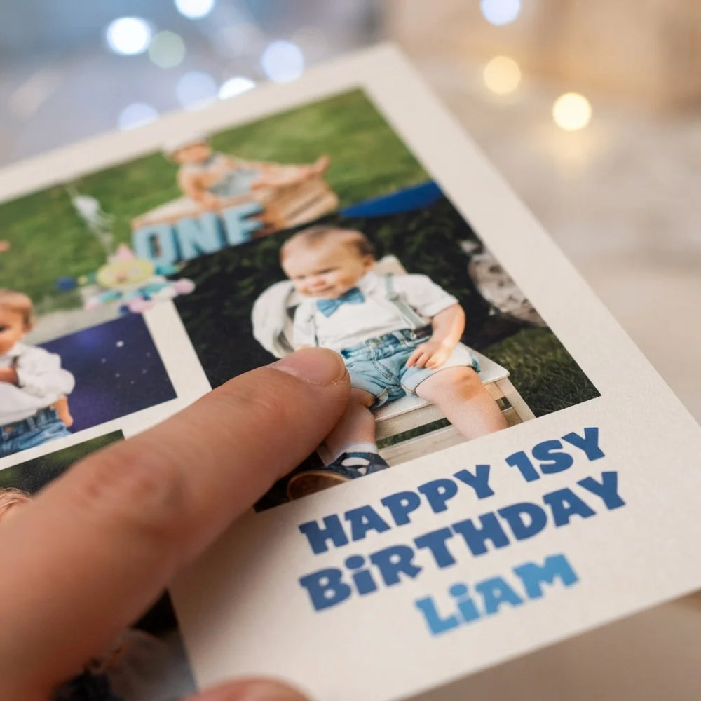 Close-up of the personalised name and photo printed on the Moon Baby Mega Card