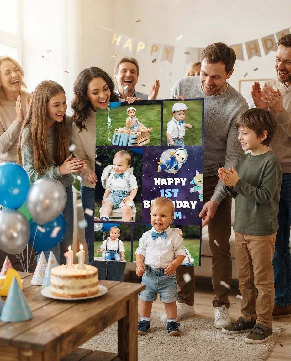 Friends and family celebrating with the personalised Moon Baby Mega Card