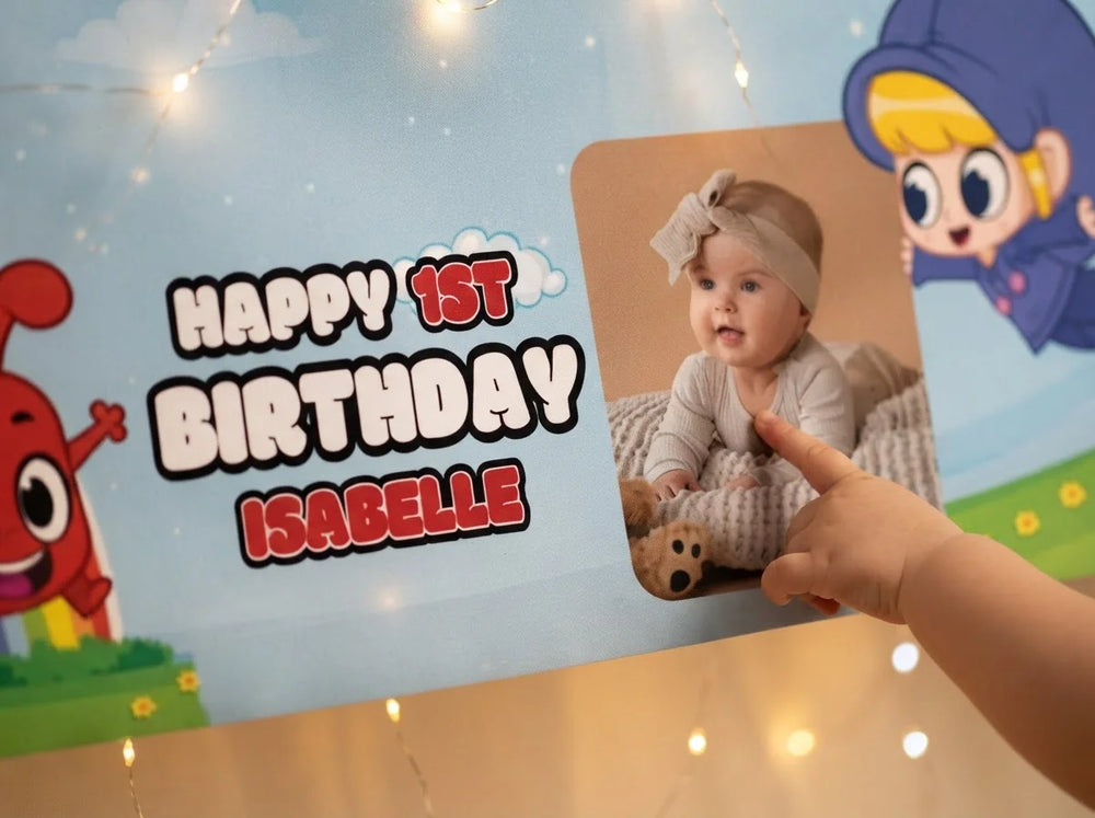 Close-up of the personalised name and photo printed on the Morphle Birthday Banner