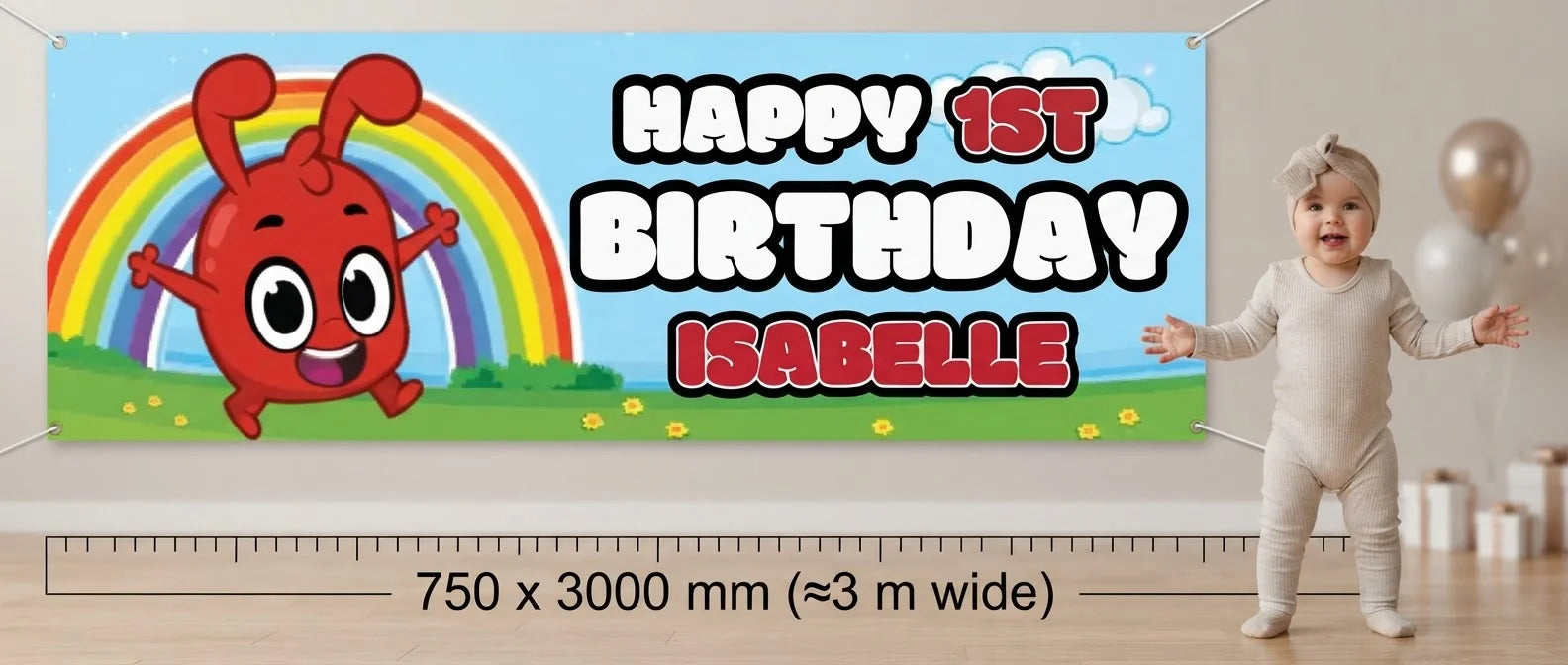 Person standing beside the Morphle Birthday Banner for scale, with size guide showing 750 x 3000 mm