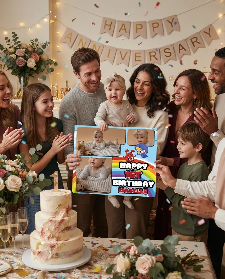 Friends and family celebrating with the personalised Morphle Mega Card