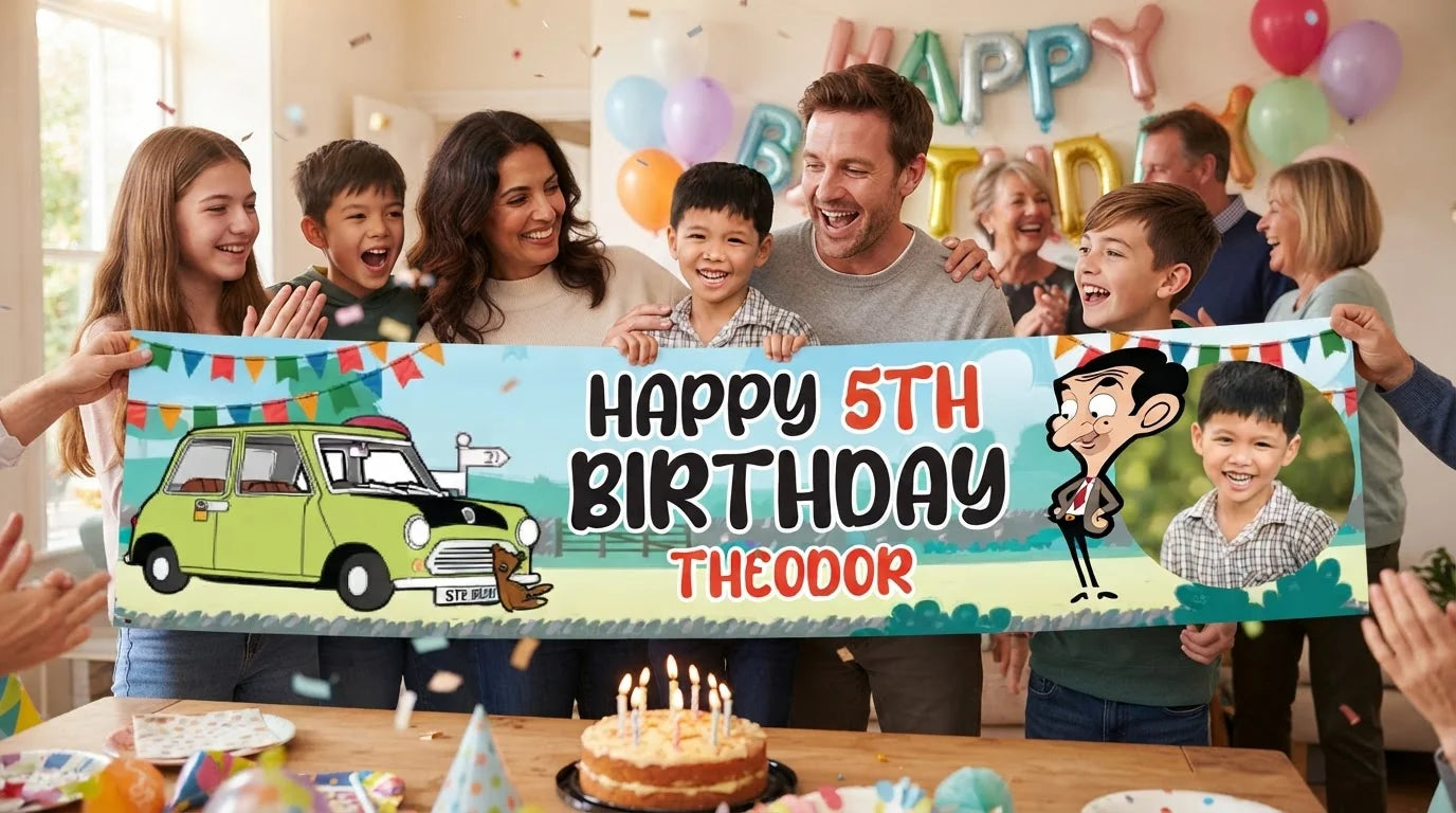 Friends and family celebrating with the personalised Mr. Bean Birthday Banner
