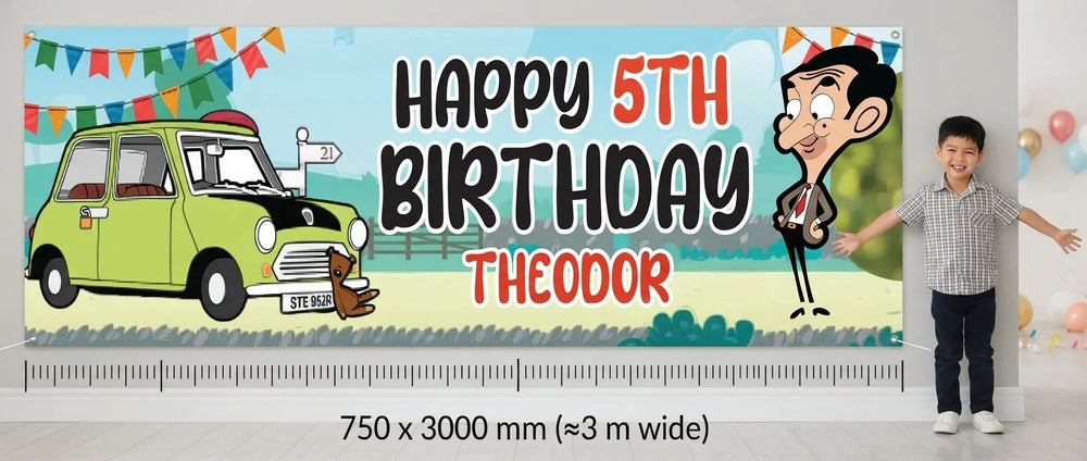 Person standing beside the Mr. Bean Birthday Banner for scale, with size guide showing 750 x 3000 mm