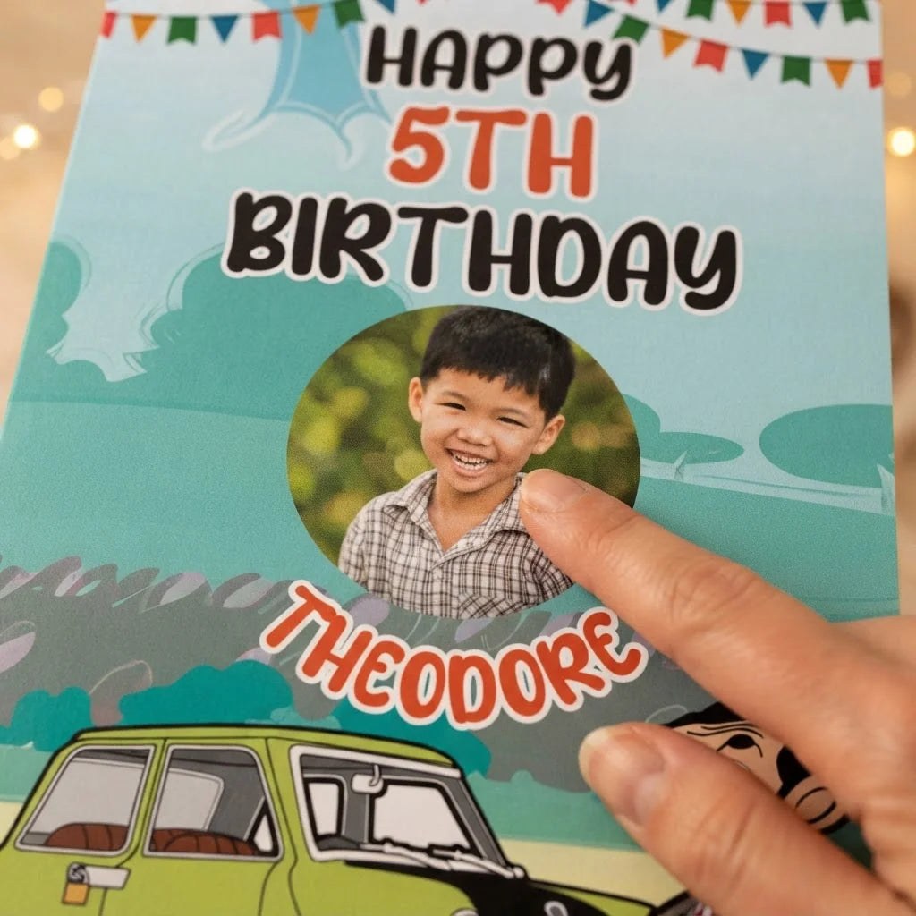 Close-up of the personalised name and photo printed on the Mr. Bean Mega Card