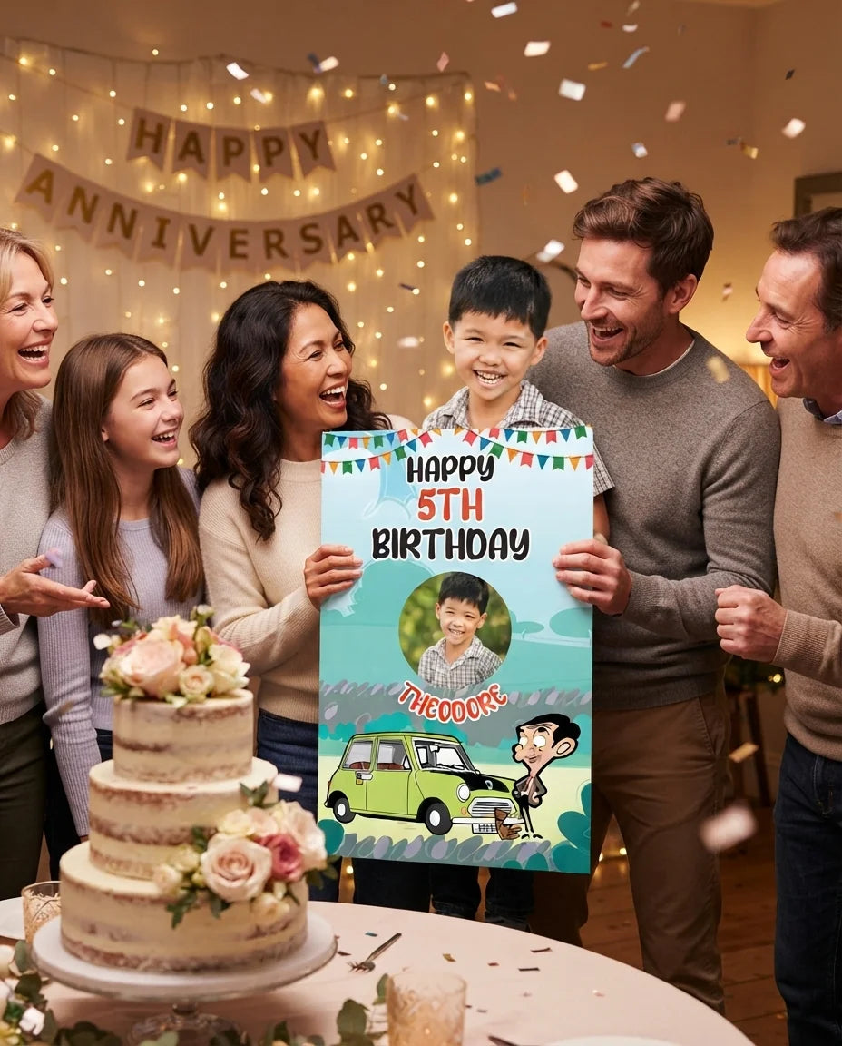 Friends and family celebrating with the personalised Mr. Bean Mega Card