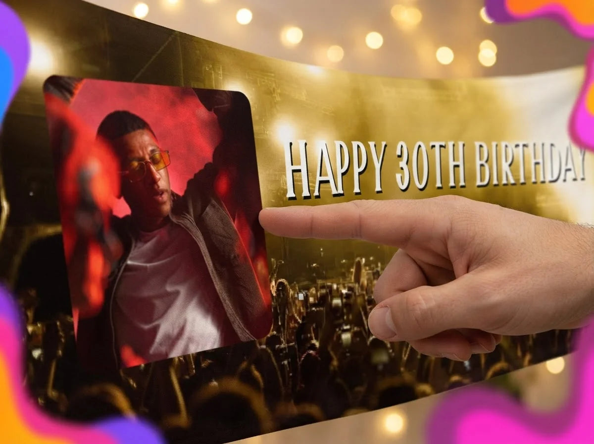 Close-up of the personalised name and photo printed on the Music Festival Birthday Party Banner