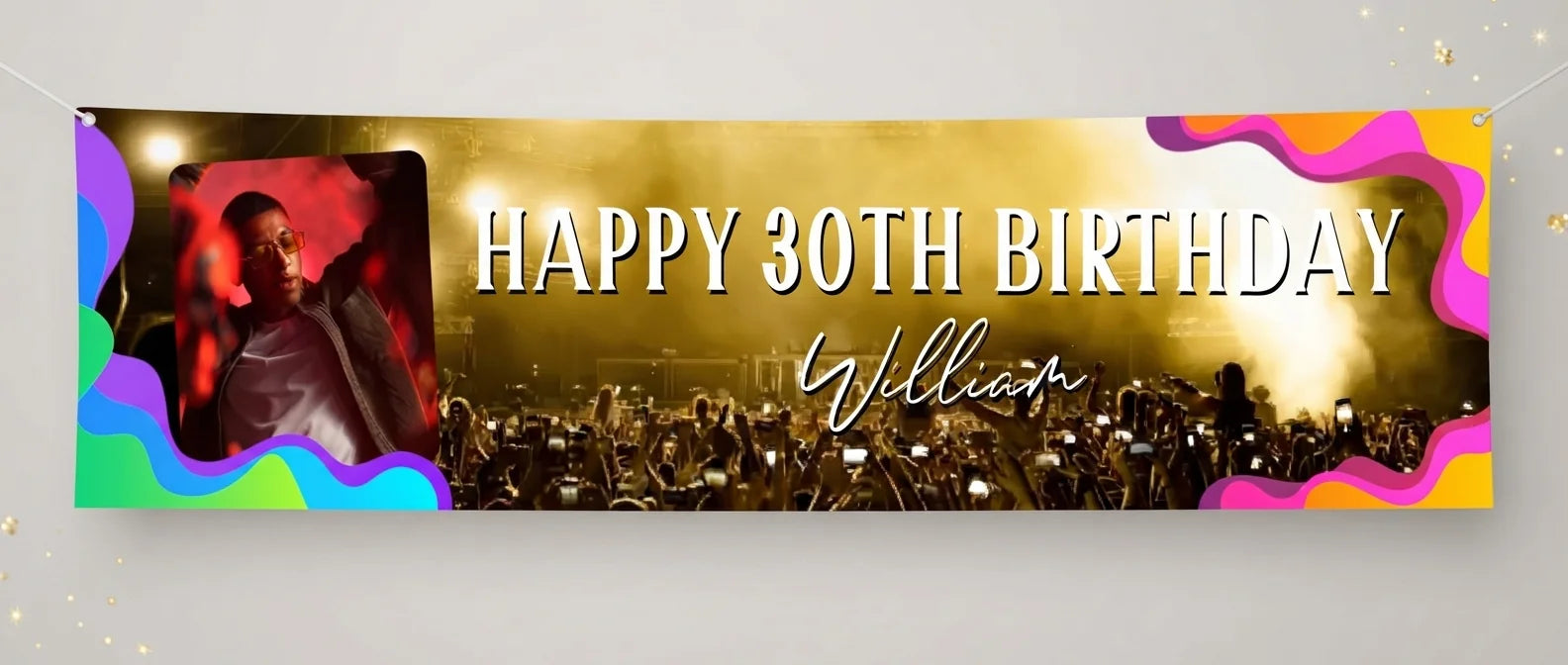 Personalised Music Festival Birthday Party Banner displayed against a plain studio background
