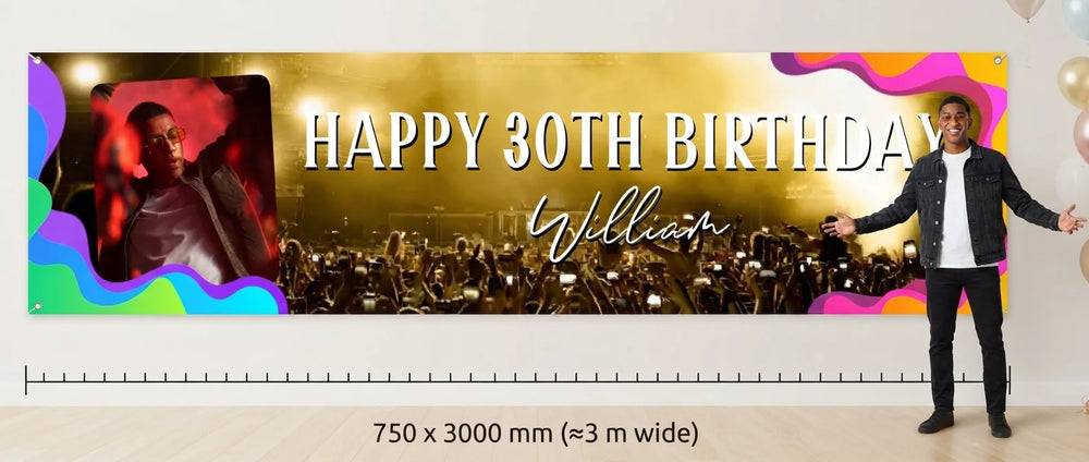 Person standing beside the Music Festival Birthday Party Banner for scale, with size guide showing 750 x 3000 mm