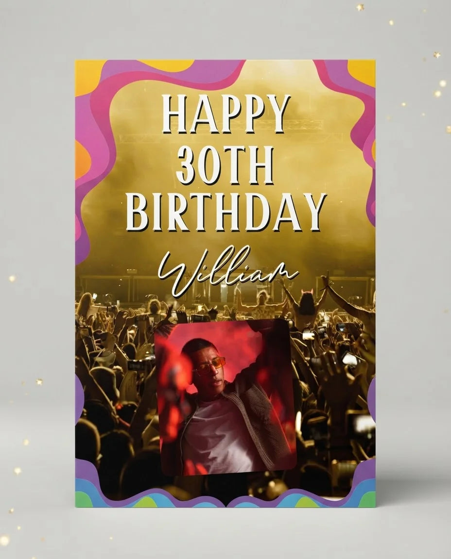 Personalised Music Festival Birthday Party Mega Card displayed against a plain studio background