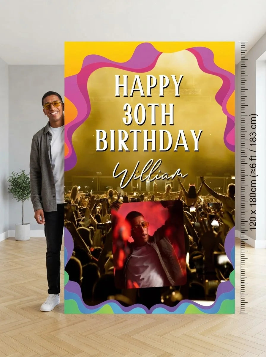 Person standing beside the Music Festival Birthday Party Mega Card for scale in a size guide