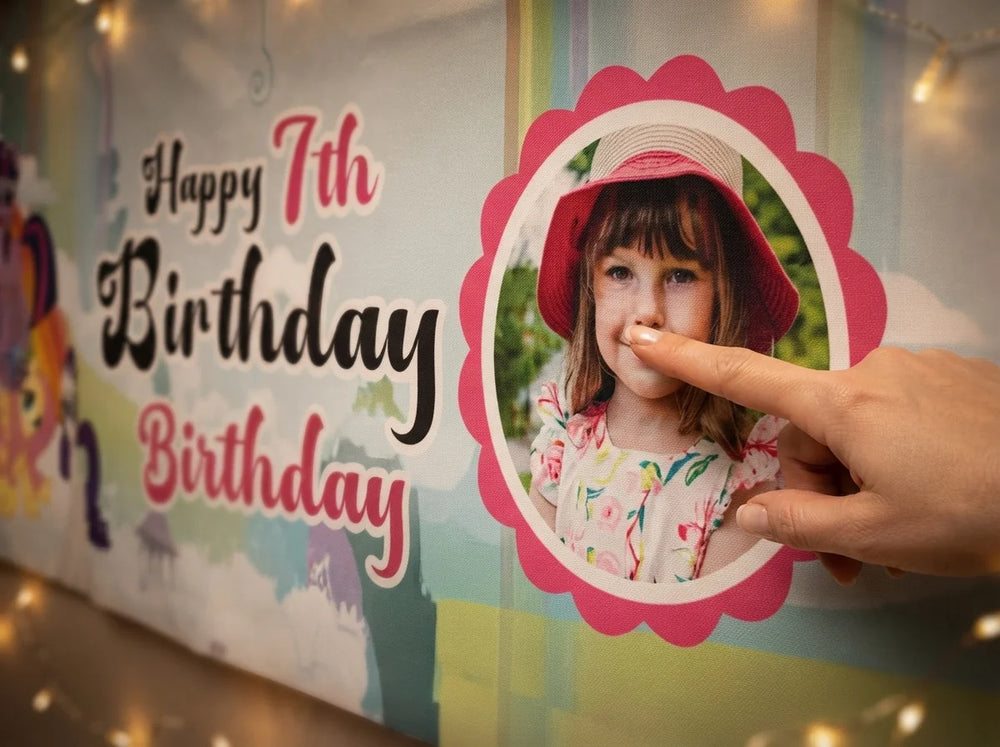 Close-up of the personalised name and photo printed on the My Little Pony Birthday Banner