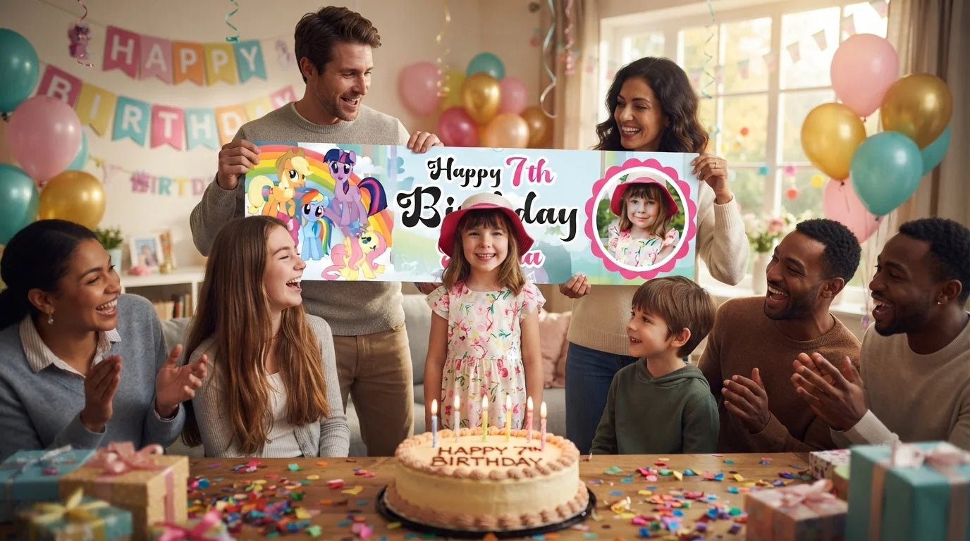 Friends and family celebrating with the personalised My Little Pony Birthday Banner