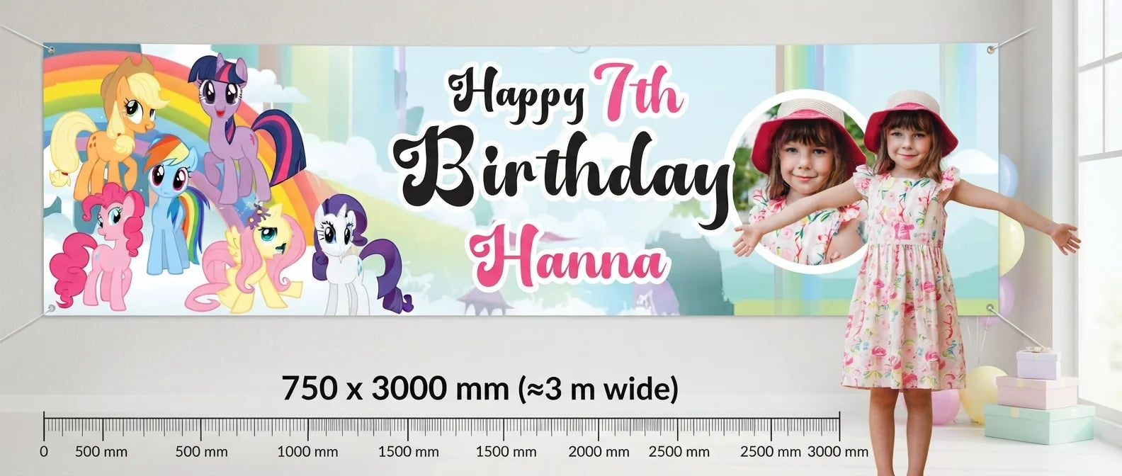 Person standing beside the My Little Pony Birthday Banner for scale, with size guide showing 750 x 3000 mm