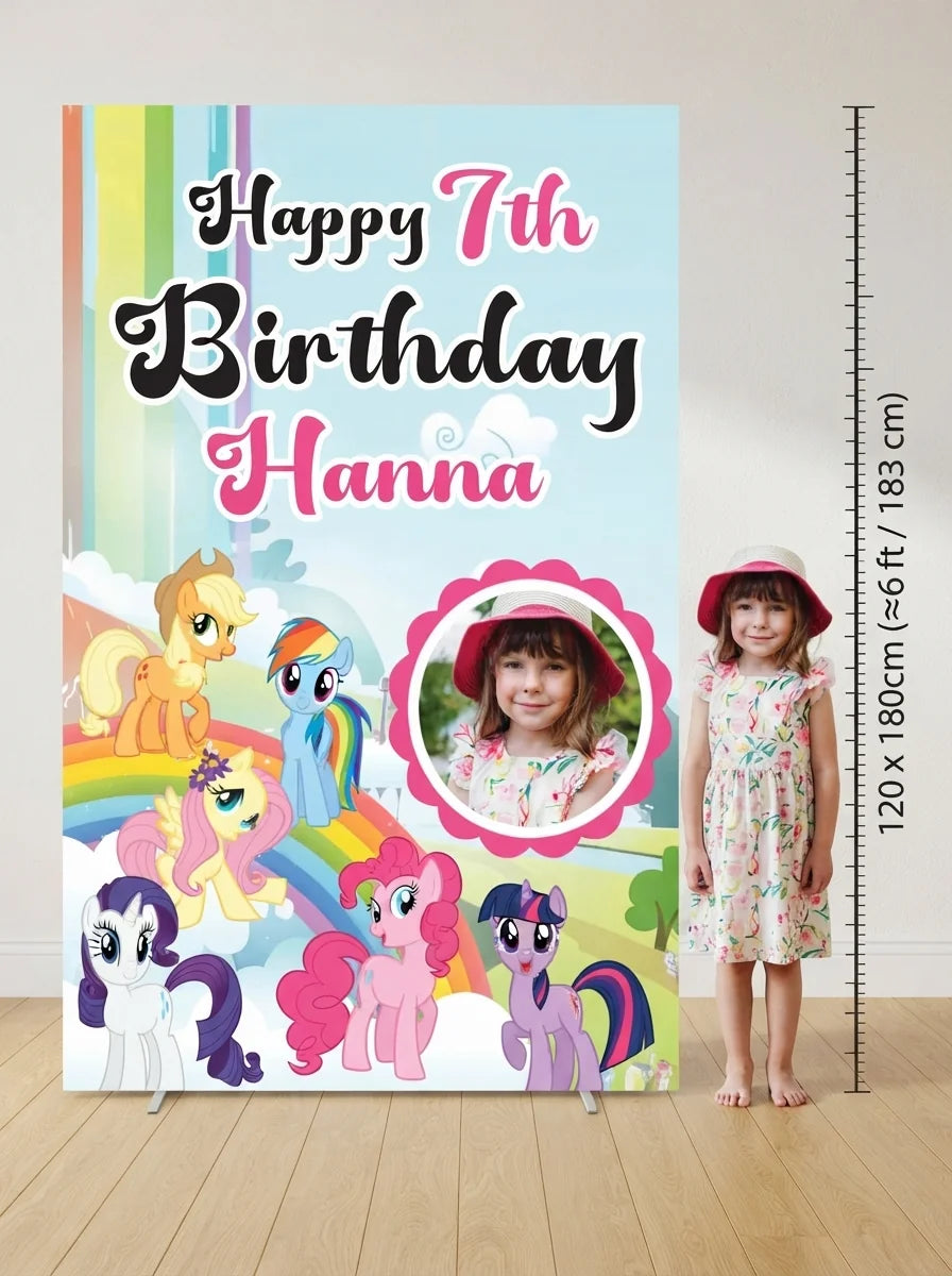Person standing beside the My Little Pony Mega Card for scale in a size guide