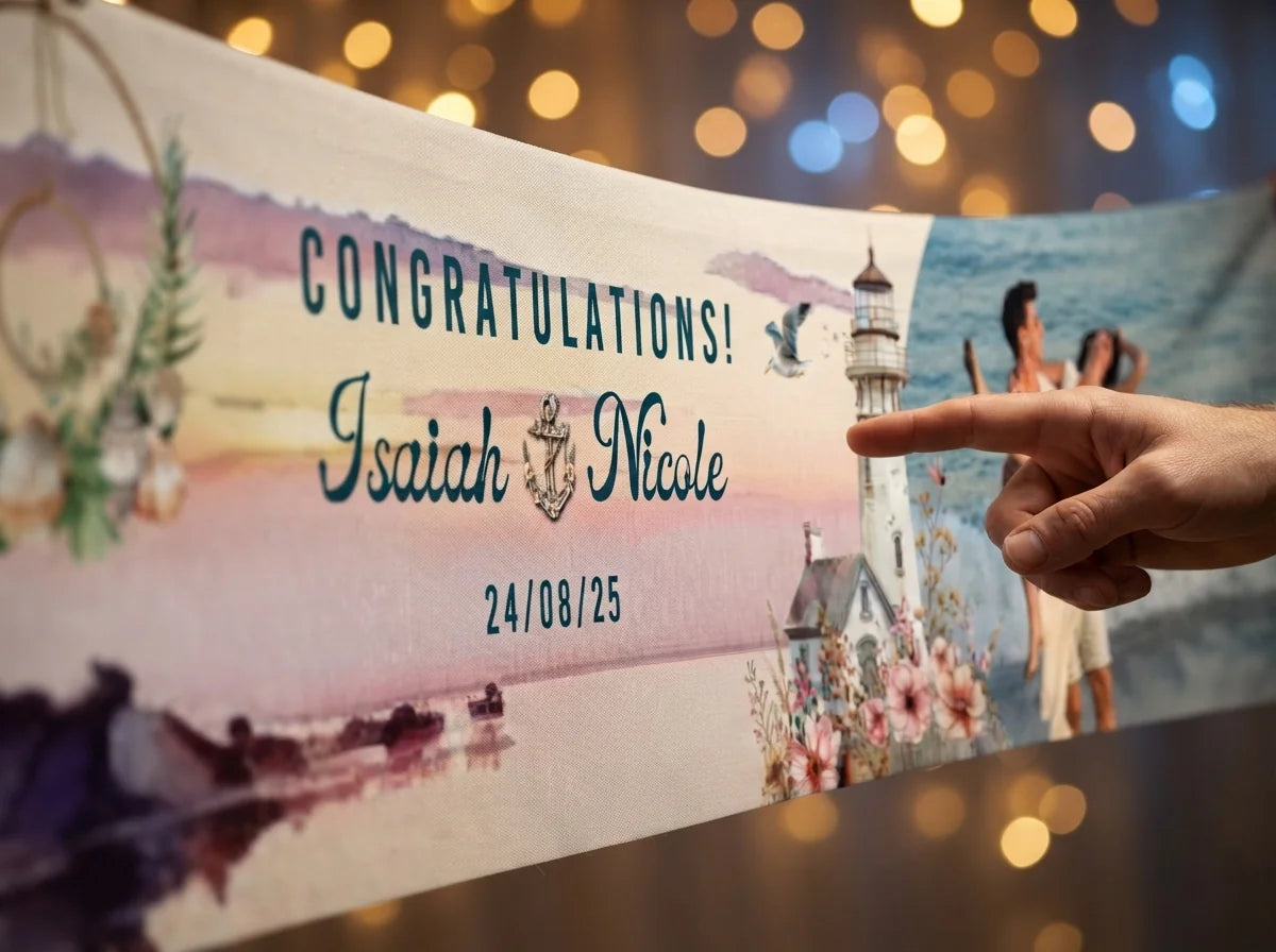 Close-up of the personalised name and photo printed on the Nautical Theme Wedding Banner