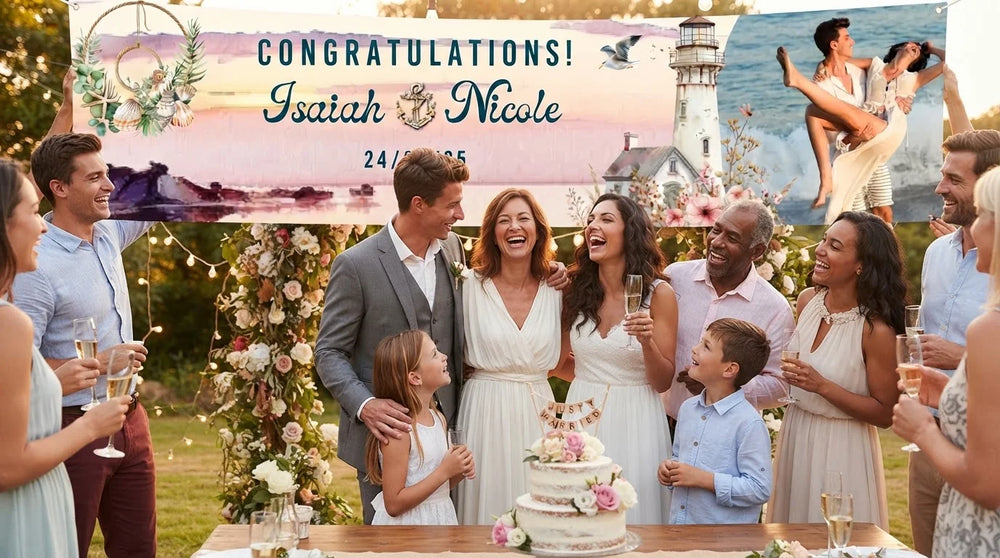 Friends and family celebrating with the personalised Nautical Theme Wedding Banner