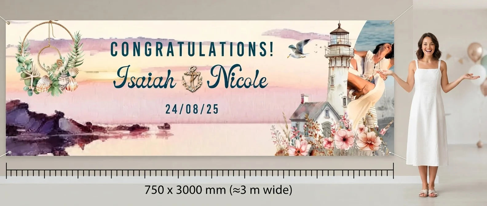 Person standing beside the Nautical Theme Wedding Banner for scale, with size guide showing 750 x 3000 mm