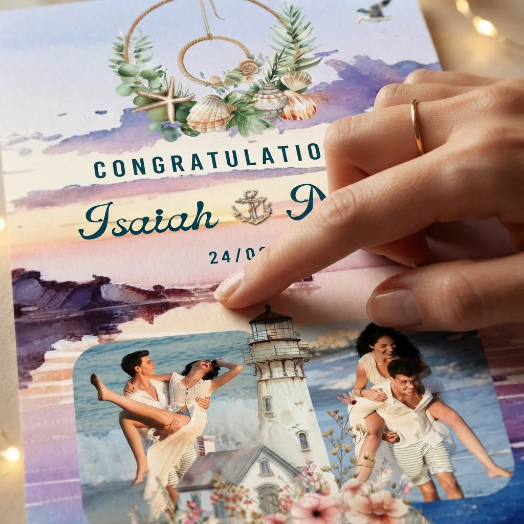 Close-up of the personalised name and photo printed on the Nautical Theme Wedding Mega Card