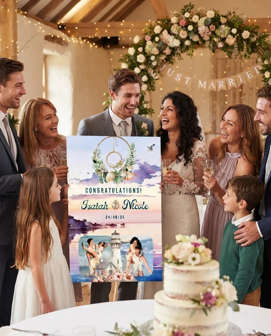 Friends and family celebrating with the personalised Nautical Theme Wedding Mega Card