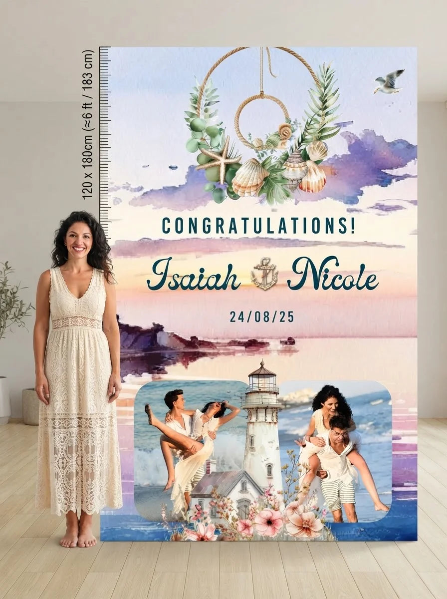 Person standing beside the Nautical Theme Wedding Mega Card for scale in a size guide
