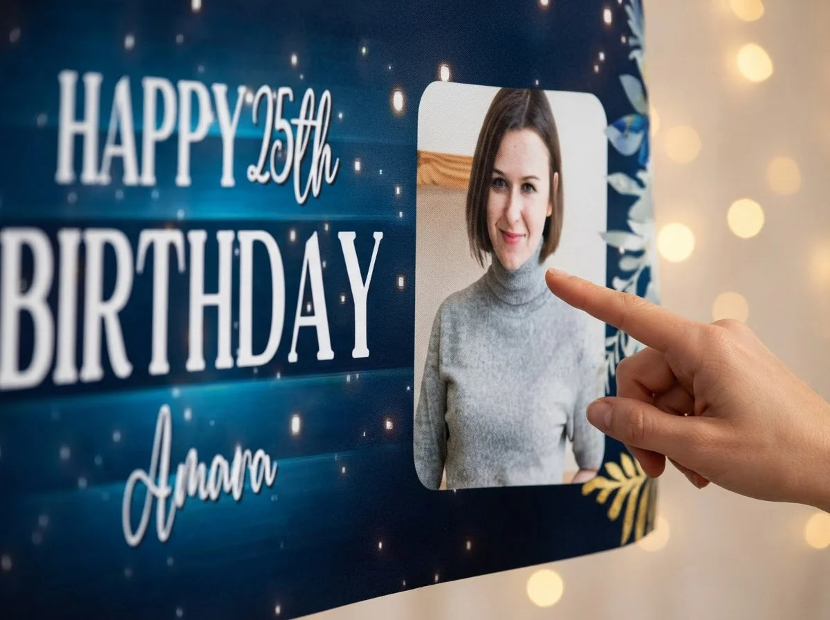 Close-up of the personalised name and photo printed on the Navy Blue Floral Theme Birthday Party Banner