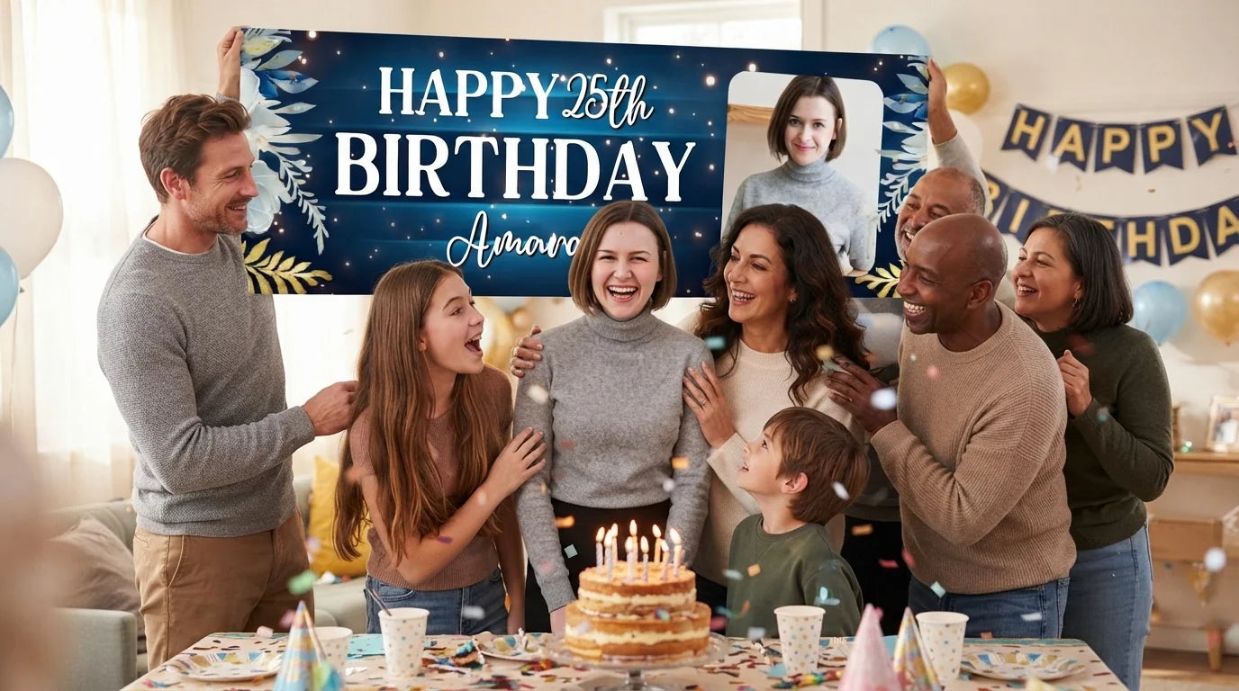 Friends and family celebrating with the personalised Navy Blue Floral Theme Birthday Party Banner