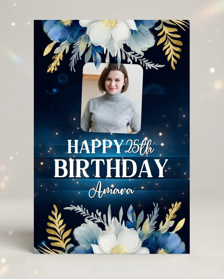 Personalised Navy Blue Floral Theme Birthday Party Mega Card displayed against a plain studio background
