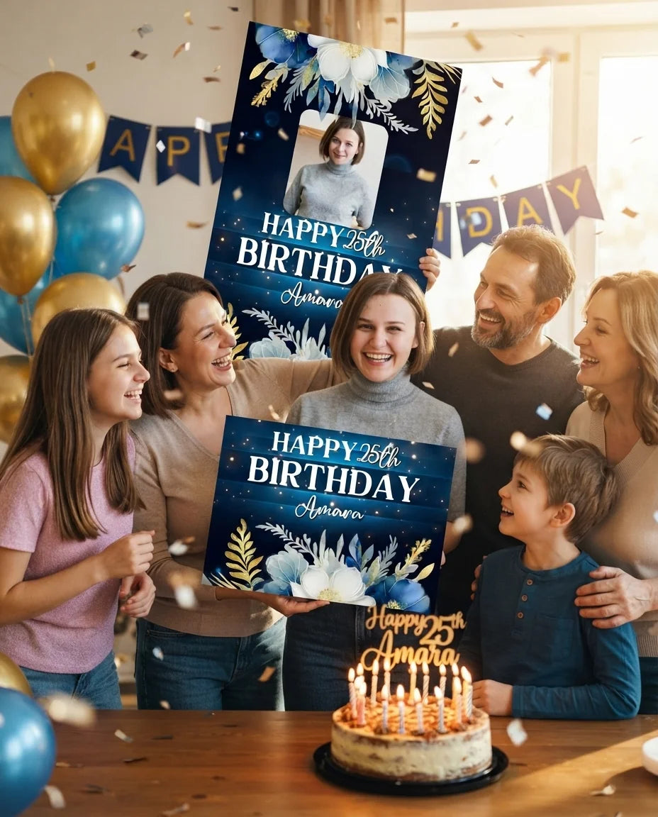 Friends and family celebrating with the personalised Navy Blue Floral Theme Birthday Party Mega Card