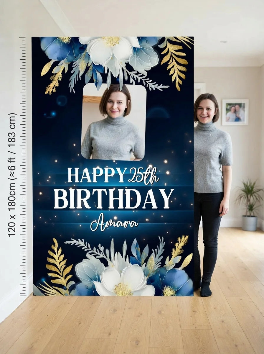 Person standing beside the Navy Blue Floral Theme Birthday Party Mega Card for scale in a size guide
