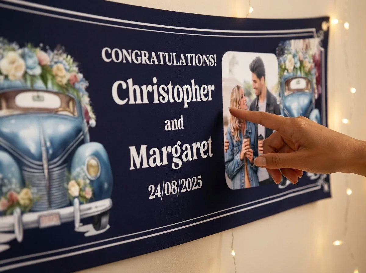 Close-up of the personalised name and photo printed on the Navy Blue Theme Wedding Banner
