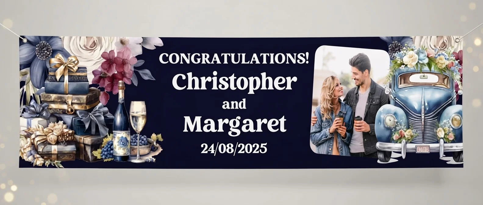 Personalised Navy Blue Theme Wedding Banner displayed against a plain studio background