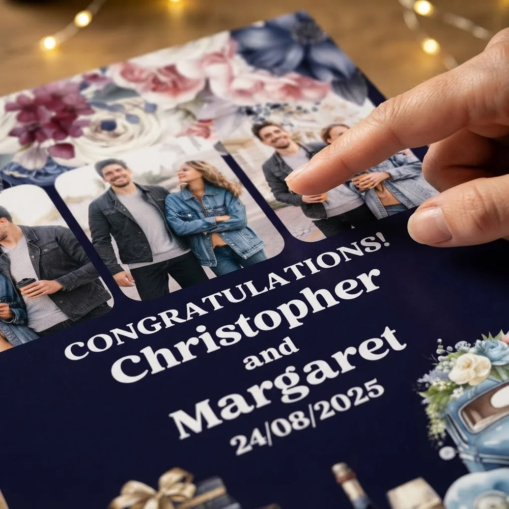 Close-up of the personalised name and photo printed on the Navy Blue Theme Wedding Mega Card