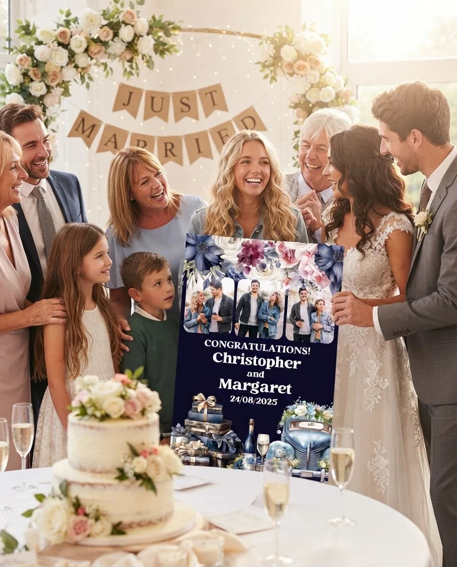 Friends and family celebrating with the personalised Navy Blue Theme Wedding Mega Card