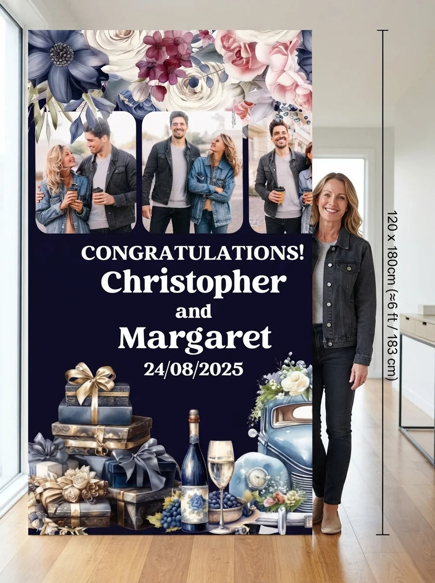 Person standing beside the Navy Blue Theme Wedding Mega Card for scale in a size guide